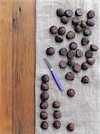 Chestnuts being prepared for roasting. Tabletop, hessian fabric and knife.