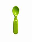 A green plastic baby spoon.