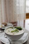 A table setting. A white china bowl of soup, with garnish. A table napkin. Wedding Table Decoration.