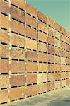 Large stack of fruit boxes for harvesting and storing apples, near Quincy