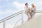 Low angle view of happy businesswomen discussing while standing by railing against sky