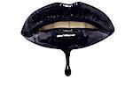 Close-up of black lip-gloss dripping from woman's lips over white background