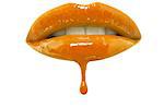 Close-up of orange lip-gloss dripping from woman's lips over white background