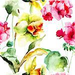 Watercolor seamless wallpaper with Geranium and Narcissus flowers