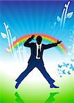 Original Vector Illustration: excited businessman jumping on rainbow background AI8 compatible