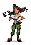 Pretty girl with a machine gun. Caricature. (isolated)