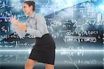 Furious businesswoman gesturing against math equation background