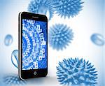 Binary code on smartphone screen against blue virus cells