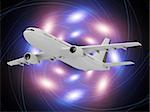 White passenger airliner and bright glowing circles. Top view isolated on white