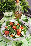 Healthy fresh salad with spinach, tomato, cucumber and pine nuts