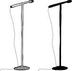 Cartoon and silhouette microphone stand over white background