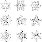 Black and white dingbats in shape of star. Set of vector illustrations.