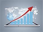 Tablet pc and growth chart on screen tablet. World map, globe and graphs on background