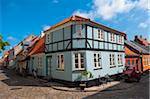 Typical painted houses and Cobblestone Street, Aeroskobing Village, Aero Island, Jutland Peninsula, Region Syddanmark, Denmark, Europe