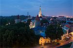 Elevated view of lower Old Town with Oleviste Church in the background, UNESCO World Heritage Site, Tallinn, Estonia, Europe