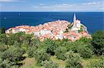 High angle view of the old town with Tartini Square, townhall and the cathedral of St. George, Piran, Istria, Slovenia, Europe
