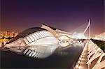 Hemisferic and Principe Felipe Science Museum at dusk, architect Santiago Cavatrava, City of Arts and Sciences (La Ciudad de las Artes y las Ciencias), Valenica, Comunidad Valencia, Spain, Europe