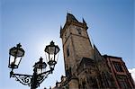 Town Hall clock tower and lamp, Old Town Square, Old Town, Prague, Czech Republic, Europe