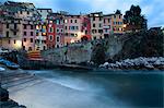 Riomaggiore Harbour at dusk, Cinque Terre, UNESCO World Heritage Site, Liguria, Italy, Mediterranean, Europe