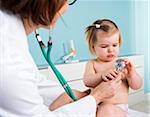 Doctor using Stethoscope on Baby Girl in Exam Room