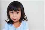 Close-up portrait of Asian toddler girl, looking at camera with surprised expression, studio shot on white background