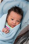 Close-up portrait of swaddled two week old, newborn Asian baby girl, lying in car seat