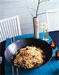 Spaghetti with seafood in large bowl