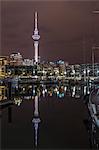 Night view of the city of Auckland from Auckland Harbour, North Island, New Zealand, Pacific