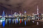 Night view of the city of Auckland from Auckland Harbour, North Island, New Zealand, Pacific