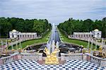 Peterhof Fountains of the Grand Cascade and gardens in summer, Petrodvorets, St. Petersburg, Russia, Europe