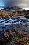 The mountain Sgurr nan Gillean viewed across the river at Glen Sligachan, Isle of Skye, Scotland, United Kingdom, Europe