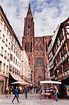 Rue Merciere and Notre Dame de Strasbourg cathedral, Strasbourg, Bas-Rhin, Alsace, France, Europe