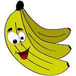 Cartoon illustration showing a bunch of bananas, including a happy one