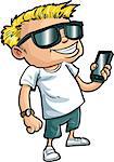 Cartoon nerd with a smart phone. Isolated on white