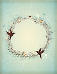 Decorative vintage hand drawn wreath of flowers, leaves and birds