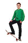 Portrait of a teenage boy with skateboard on white background