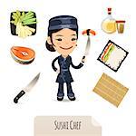 Female Sushi Chef Icons Set. In the EPS file, each element is grouped separately. Isolated on white background.