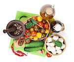 Fresh ingredients for cooking: tomato, cucumber, mushroom and spices. Isolated on white background