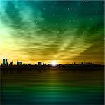 abstract nature green background with silhouette of city and sunset