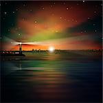 abstract night background with silhouette of city and lighthouse