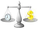 Time money balance scales, with a clock representing time on one side and Dollar sign on the other. Could represent work life balance or making best use of time, working smarter not harder.