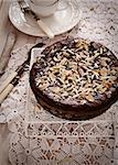 Chocolate pie. Vintage dessert tart with chocolate and almonds