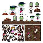 Set of game elements with zombie character, platforms and objects. Vector isolated items.