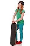 Portrait of a teenage girl with skateboard on white background