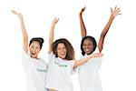 Attractive team of volunteers waving at camera on white background