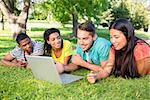 Group of students using laptop while lying on grass at college campus