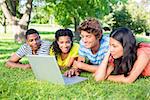 Group of college students using laptop together while lying on grass