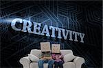 The word creativity and silly employees with arms folded wearing boxes on their heads against futuristic black and blue background