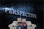 The word perspective and silly employees with arms folded wearing boxes on their heads against futuristic black and blue background