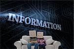 The word information and silly employees with arms folded wearing boxes on their heads against futuristic black and blue background